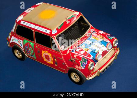 Aerial view of George  Harrisons 1966, Austin Mini Cooper S/ Radford Mini De Ville  GT, on display at the 2023 London Classic Car Show Stock Photo