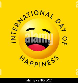 International Day Of Happiness with round 3D icon. Holiday template with smiling face emoji on yellow background. Vector illustration Stock Vector