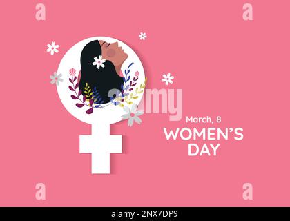 8th March, International Women's Day concept background with female gender symbol & female face on pink background with copy space. Stock Vector
