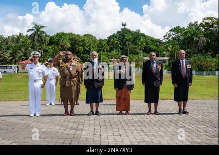 SUVA, Fiji (Jan. 31, 2023) Adm. John C. Aquilino, Commander of U.S. Indo-Pacific Command, left, salutes during a wreath laying ceremony at the National War Memorial in Fiji. USINDOPACOM is committed to enhancing stability in the Asia-Pacific region by promoting security cooperation, encouraging peaceful development, responding to contingencies, deterring aggression and, when necessary, fighting to win. Stock Photo