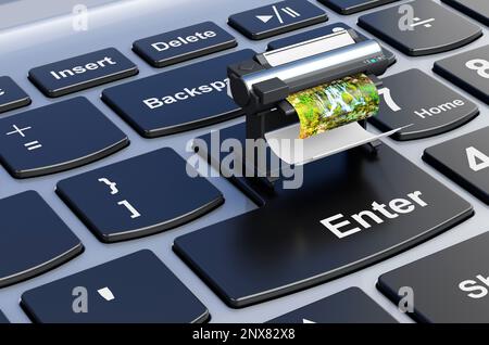 Plotter, large format inkjet printer on laptop keyboard, 3D rendering Stock Photo