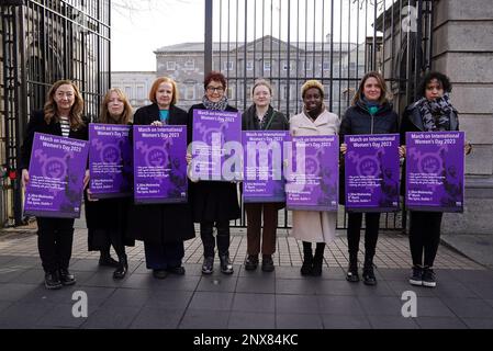 Activists (from left) Vivienne Glanville, National Programme Coordinator of Women's Collective Ireland, Sinead Kenedy, Action for Choice, Ruth Coppinger of ROSA, Ailbhe Smyth of Action for Choice, Mide Nic Fhionnlaoich, Welfare Officer with UCD Students Union, Anne Waithira-Burke of AkiDwA, Ivanna Youtchak, Violence Against Women Coordinator with the National Women's Council and Myriam Poizat of Youth against Racism and Inequality, at the launch of a march planned to celebrate International Women’s Day 2023 at Leinster House, Dublin. The march will take place on Wednesday March 8th at 5.30pm f Stock Photo