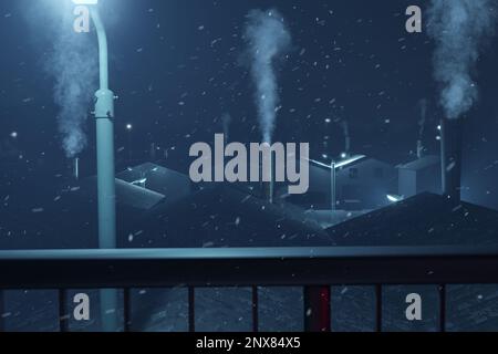 3d rendering of rooftops of factory building with smoking chimneys at night Stock Photo