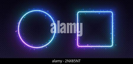 Gradient neon frames, glowing borders with smoke and sparkles, led circle and square. Stock Vector