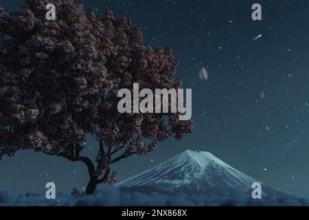 3d rendering of japanese cherry tree covered by fluffy clouds at night Stock Photo