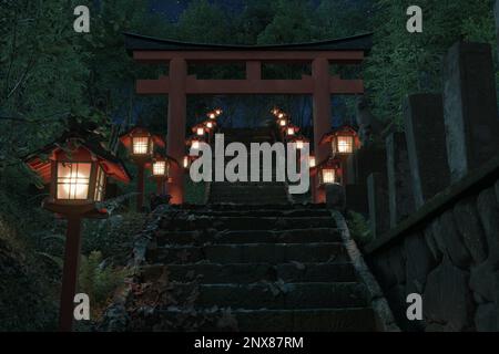 3d rendering of an old japanese shrine with red torii gate and wooden ...