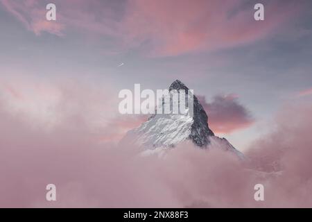 view to the majestic Matterhorn mountain in the evening pink mood Stock Photo
