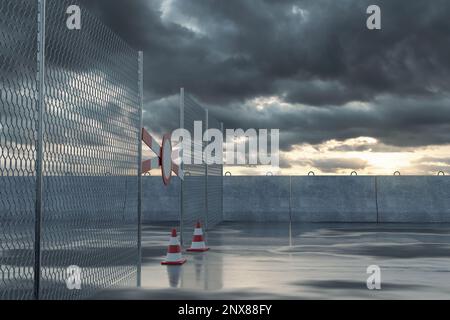 3D rendering of restricted area with wet asphalt and fence Stock Photo