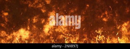 Grunge wall with blazing fire in panoramic format Stock Photo