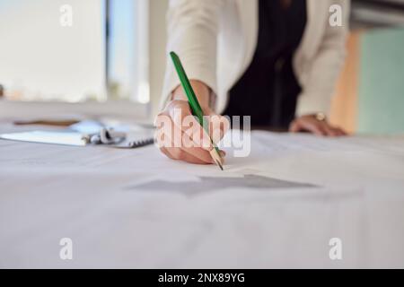 Architecture, drawing and hand with pencil for blueprint, illustration and engineering mockup on desk. Construction design, floor planning and woman Stock Photo