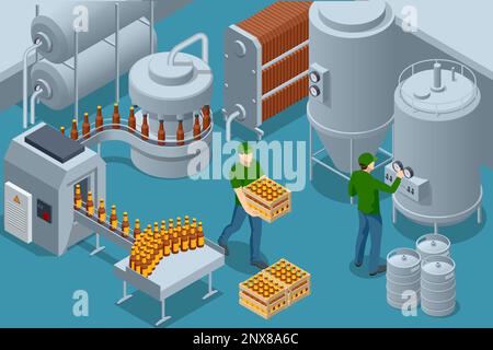 Isometric Bottler and packaging of bottles. Interior composition brewery production facility, Conveyor belt with bottles in the beer factory Stock Vector