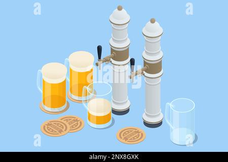 Isometric Brewery beer production, process of beer production in brewery. Stock Vector