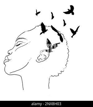 High-resolution ink drawing. Lady profile with birds listening to nature concept art hand-drawn engraving illustration in ink. Stock Photo