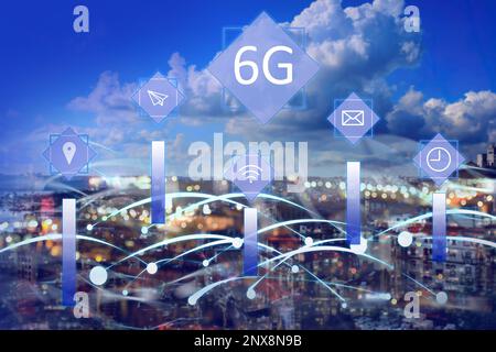 6G network wireless system. Beautiful cityscape and network connection lines Stock Photo
