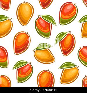 Vector Mango Seamless Pattern, square repeating background with cut out illustration of ripe mango with green leaves for wrapping paper, group of flat Stock Vector