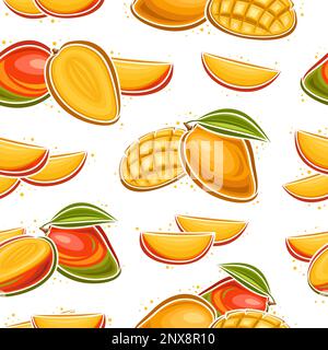 Vector Mango Seamless Pattern, repeating background with illustration of mango fruit still life composition with cutting flesh for wrapping paper, gro Stock Vector