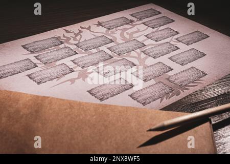 Blank family tree, notebook and pencil on wooden table, flat lay Stock  Photo - Alamy