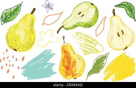 Pears and abstract elements in flat style. Set of clip art for trendy modern summer design. Hand drawn vector illustration. Isolated on white Stock Vector