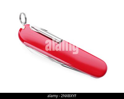 Compact portable multitool with red handle isolated on white, top view Stock Photo