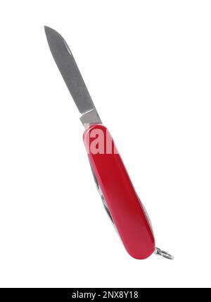 Compact portable multitool with red handle isolated on white Stock Photo
