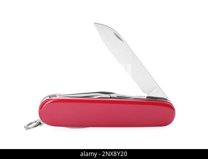 Compact portable multitool with red handle isolated on white Stock Photo