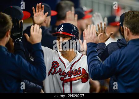 ATLANTA, GA – MAY 10: Atlanta catcher Travis d'Arnaud (16) reacts after  drawing a walk during the MLB game between the Boston Red Sox and the  Atlanta Braves on May 10th, 2023