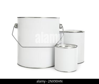 Closed blank cans of paint on white background Stock Photo - Alamy