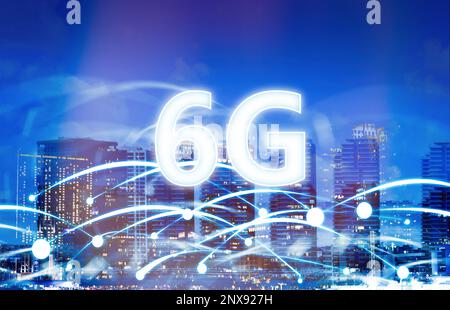 6G network wireless system. Beautiful cityscape and network connection lines Stock Photo