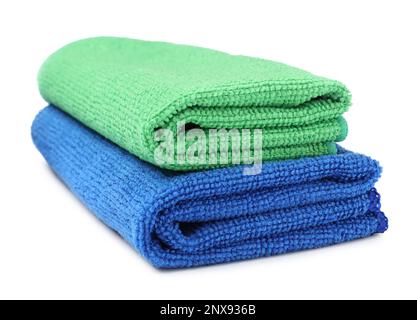 Green and blue microfiber cloths on white background Stock Photo