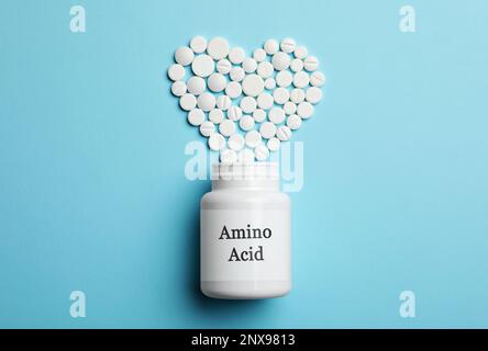 Plastic bottle with Amino Acid Complex and pills on light blue background, flat lay Stock Photo