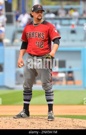 Los Angeles, California, USA. 15th Apr, 2019. during the first inning  against the Los Angeles Dodgers on Jackie Robinson Day at Dodger Stadium on  April 15, 2019 in Los Angeles, California. All