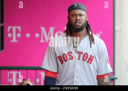 Boston Red Sox's Hanley Ramirez, right, pulls the hair of Rafael