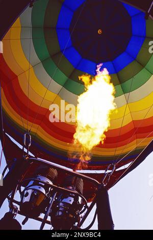 bottom view of the inside of a hot air balloon while the burner is in action Stock Photo