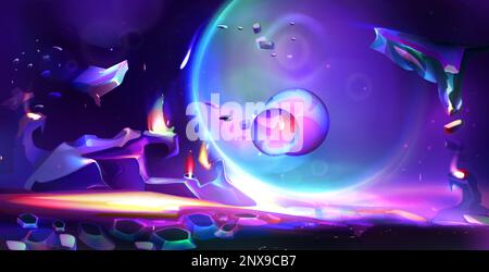 Cartoon alien planet landscape with rocks, satellites and stars in night sky. Space background with purple galaxy sky with moon, ground surface with crystals and lighted crack. Computer game backdrop. Stock Vector