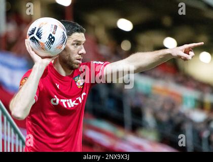 Wrexham, Wrexham County Borough, Wales. 28th February 2023. Wrexham's #4 Ben Tozer waits over a throw in, during Wrexham Association Football Club V Chesterfield Football Club at The Racecourse Ground, in in the Vanarama National League. (Credit Image: ©Cody Froggatt/Alamy Live News) Stock Photo