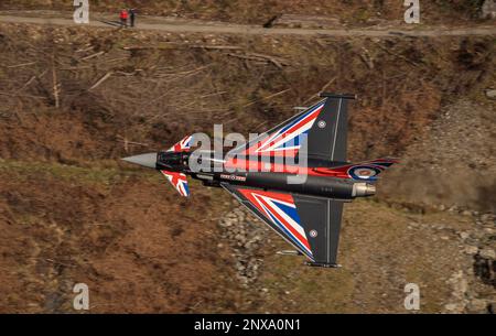 An RAF Typhoon. Seen here during low flying training in the Lake District (Low Fly Area 17), Cumbria, UK Stock Photo