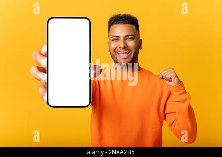 Young indian man demonstrates smartphone with blank screen and rejoicing, guy likes mobile app, looking and smiling at the camera, feels satisfied, isolated Stock Photo