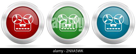 Music recorder, audio equipmen vector icon set. Red, blue and green silver metallic web buttons with chrome border Stock Vector