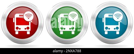 Bus with wifi vector icon set. Red, blue and green silver metallic web buttons with chrome border Stock Vector