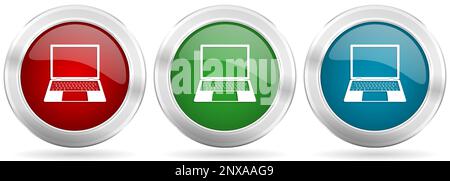 Open notebook, laptop, mobile computer vector icon set. Red, blue and green silver metallic web buttons with chrome border Stock Vector