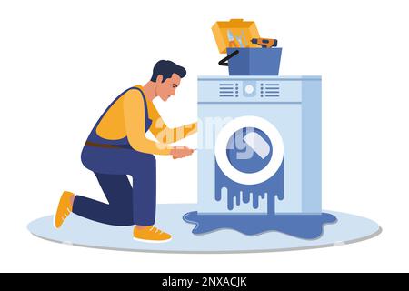 Master with set of professional tools repairs a washing machine Stock Vector