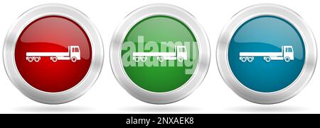 Truck with long semi trailer, transport vector icon set. Red, blue and green silver metallic web buttons with chrome border Stock Vector