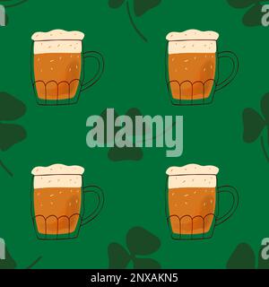 Seamless pattern with illustration stylized mug of beer on green background for St.Patrick holiday Stock Vector