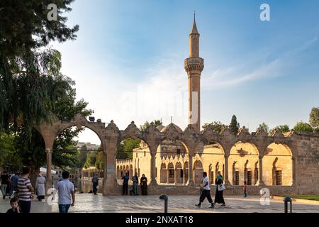 Rizvaniye Mosque, built with magnificent stonework, next to Balikligol (Fish Lake) in Şanlıurfa, Turkey. Sanliurfa, Turkey - October 19, 2015. Stock Photo