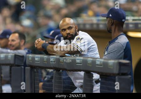 Milwaukee Brewers' Eric Thames looks on during the eighth inning of a  baseball game against the Pittsburgh Pirates Saturday, Sept. 21, 2019, in  Milwaukee. (AP Photo/Aaron Gash Stock Photo - Alamy