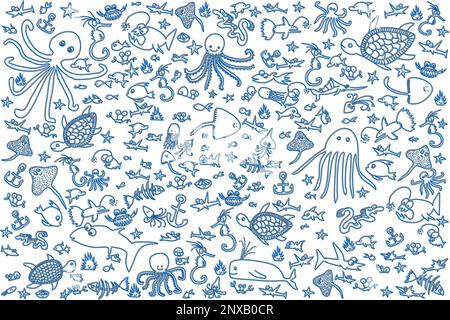 Abstract seamless pattern with underwater sea creatures in the marine world including fish, octopus, seahorses and turtles. Blue line drawing Stock Photo