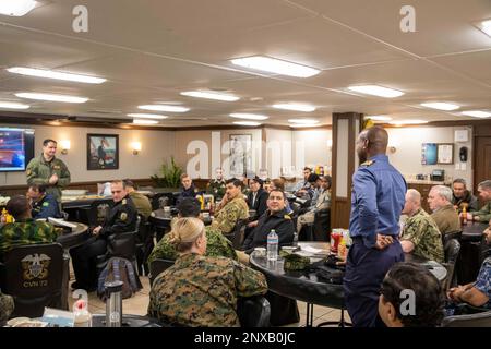 SAN DIEGO (Feb. 02, 2023) Members of the United States Naval War College tour the wardroom of the Nimitz-class aircraft carrier USS Abraham Lincoln (CVN 72). Abraham Lincoln is currently moored at Naval Air Station North Island. Stock Photo