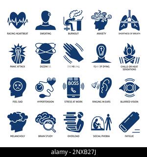 Stress symptoms icon set in glyph style. Burnout, anxiety and frustration. Vector illustration. Stock Vector