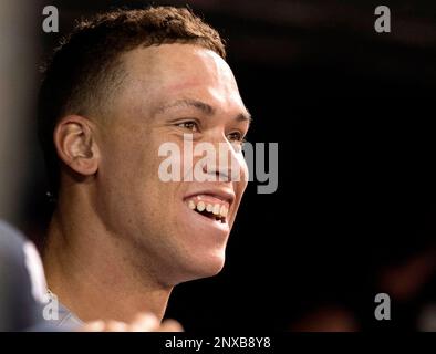 New York Yankees' Aaron Judge talks with Milwaukee Brewers' Rowdy Tellez  during the third inning of a baseball game Saturday, Sept. 17, 2022, in  Milwaukee. (AP Photo/Aaron Gash Stock Photo - Alamy