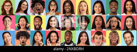 Diversity. Set Of Multiethnic People With Different Face Expressions Over Colorful Backgrounds Stock Photo